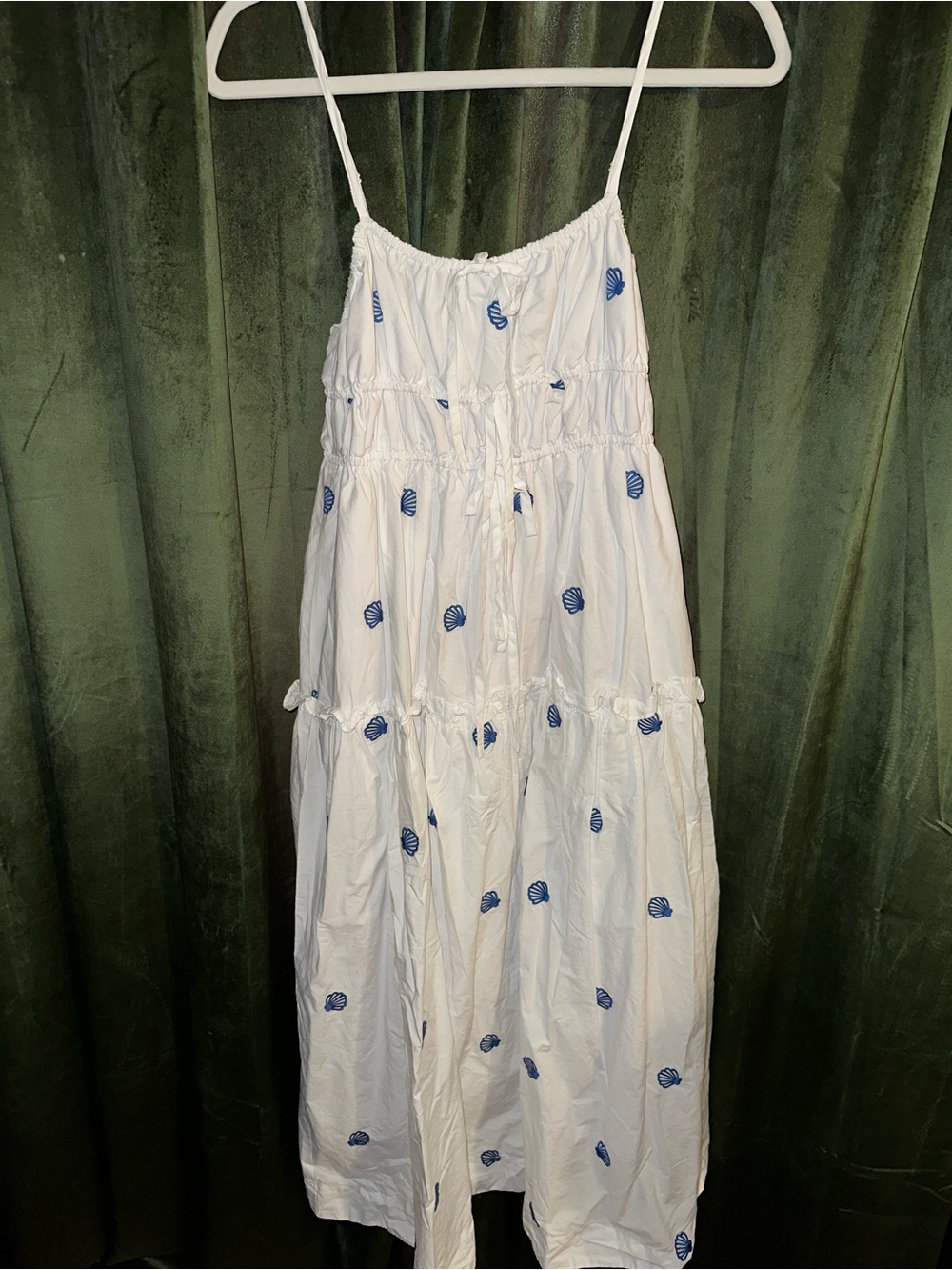 White Spaghetti-Strap Smocked Midi Dress with Blue Shell Embroidery